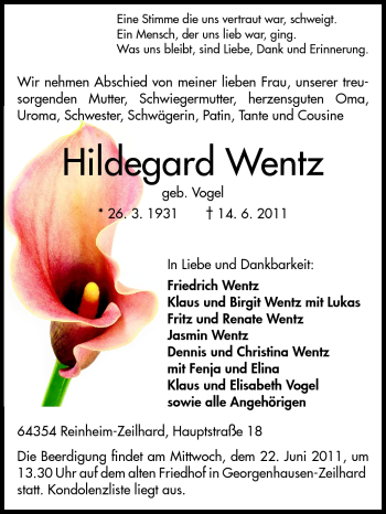 Traueranzeige von Hildegard Wentz von Echo-Zeitungen (Gesamtausgabe)