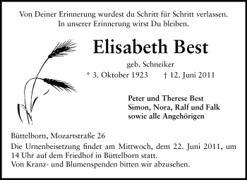 Traueranzeige von Elisabeth Best von Echo-Zeitungen (Gesamtausgabe)