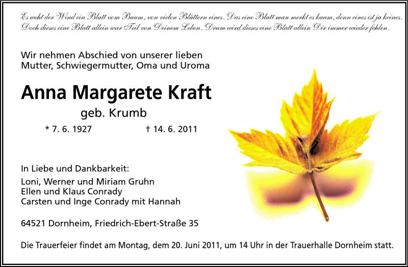 Traueranzeige für Anna Margarete Kraft vom 18.06.2011 aus Rüsselsheimer Echo, Groß-Gerauer-Echo, Ried Echo