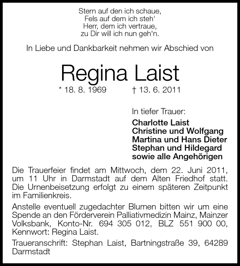  Traueranzeige für Regina Laist vom 18.06.2011 aus Darmstädter Echo, Odenwälder Echo, Rüsselsheimer Echo, Groß-Gerauer-Echo, Ried Echo