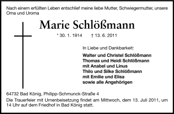 Traueranzeige von Marie Schlößmann von Odenwälder Echo