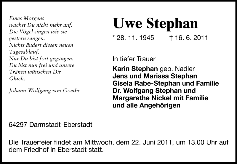  Traueranzeige für Uwe Stephan vom 20.06.2011 aus Echo-Zeitungen (Gesamtausgabe)