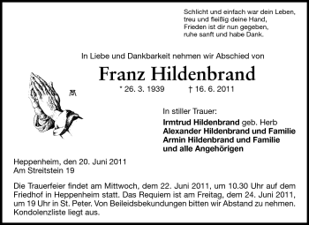 Traueranzeige von Franz Hildenbrand von Starkenburger Echo