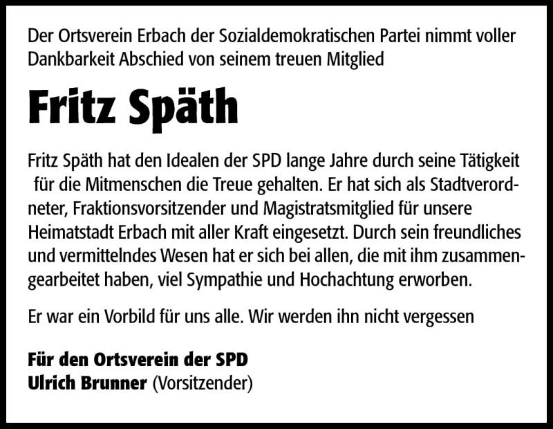  Traueranzeige für Fritz Späth vom 20.06.2011 aus Odenwälder Echo