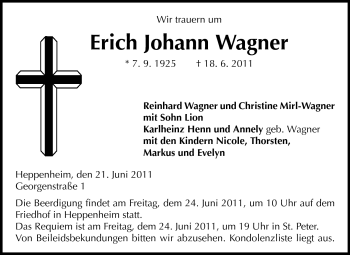 Traueranzeige von Erich Johann Wagner von Starkenburger Echo