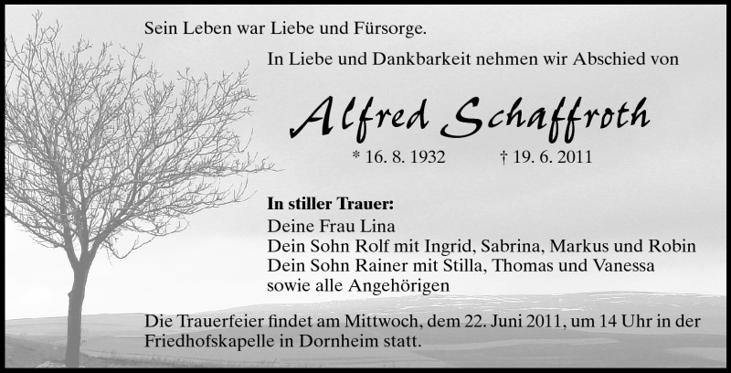  Traueranzeige für Alfred Schaffroth vom 21.06.2011 aus Rüsselsheimer Echo, Groß-Gerauer-Echo, Ried Echo