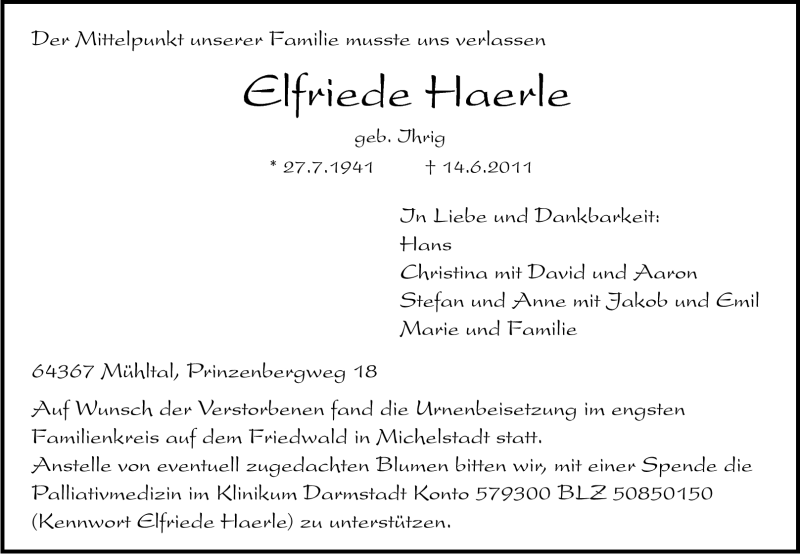  Traueranzeige für Elfriede Haerle vom 25.06.2011 aus Echo-Zeitungen (Gesamtausgabe)