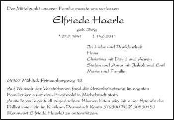 Traueranzeige von Elfriede Haerle von Echo-Zeitungen (Gesamtausgabe)