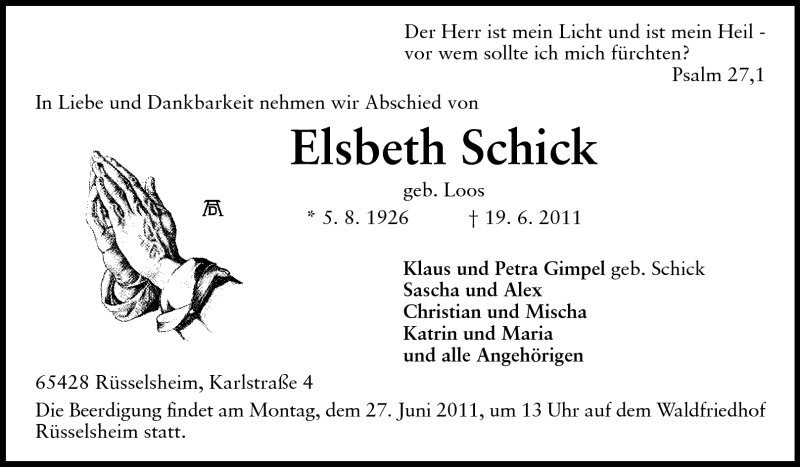  Traueranzeige für Elsbeth Schick vom 21.06.2011 aus Rüsselsheimer Echo, Groß-Gerauer-Echo, Ried Echo