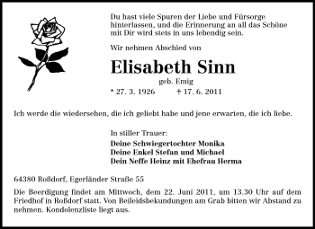 Traueranzeige von Elisabeth Sinn von Echo-Zeitungen (Gesamtausgabe)