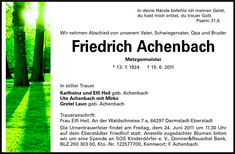  Traueranzeige für Friedrich Achenbach vom 22.06.2011 aus Echo-Zeitungen (Gesamtausgabe)