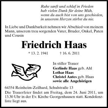 Traueranzeige von Friedrich Haas von Echo-Zeitungen (Gesamtausgabe)