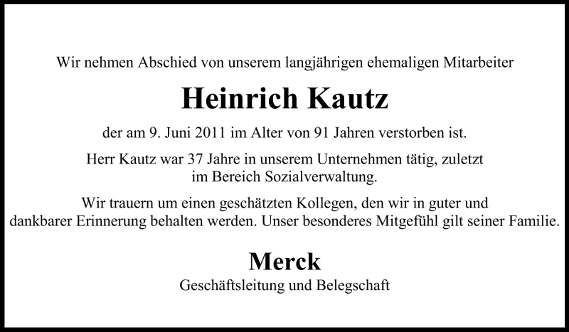  Traueranzeige für Heinrich Kautz vom 21.06.2011 aus Echo-Zeitungen (Gesamtausgabe)