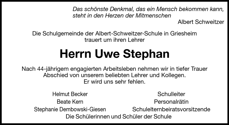  Traueranzeige für Uwe Stephan vom 21.06.2011 aus Echo-Zeitungen (Gesamtausgabe)