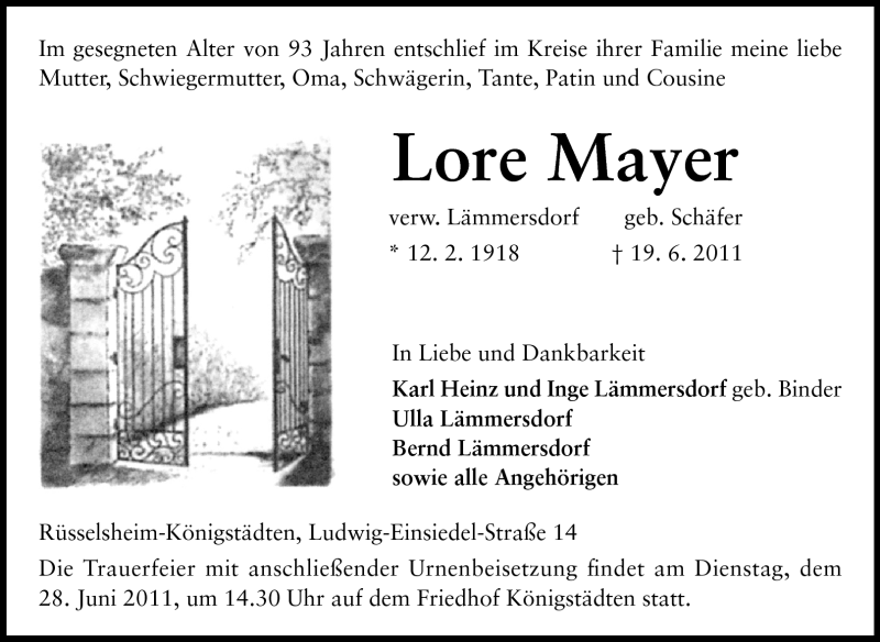  Traueranzeige für Lore Mayer vom 25.06.2011 aus Rüsselsheimer Echo, Groß-Gerauer-Echo, Ried Echo