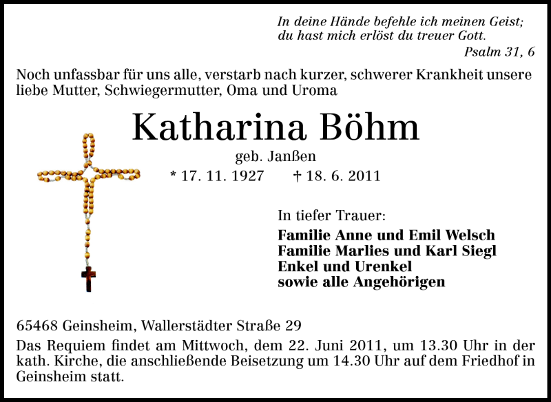  Traueranzeige für Katharina Böhm vom 21.06.2011 aus Rüsselsheimer Echo, Groß-Gerauer-Echo, Ried Echo