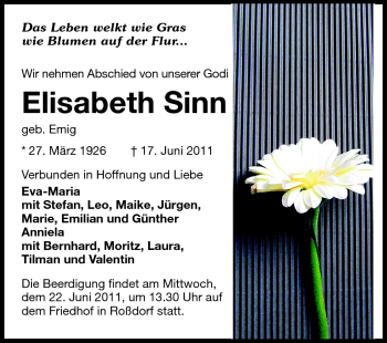 Traueranzeige von Elisabeth Sinn von Echo-Zeitungen (Gesamtausgabe)