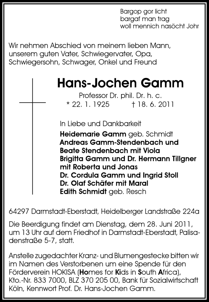  Traueranzeige für Hans-Joachim Gamm vom 25.06.2011 aus Echo-Zeitungen (Gesamtausgabe)
