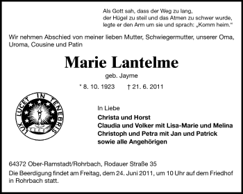 Traueranzeige von Marie Lantelme von Echo-Zeitungen (Gesamtausgabe)