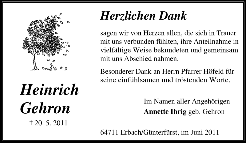  Traueranzeige für Heinrich Gehron vom 22.06.2011 aus Odenwälder Echo