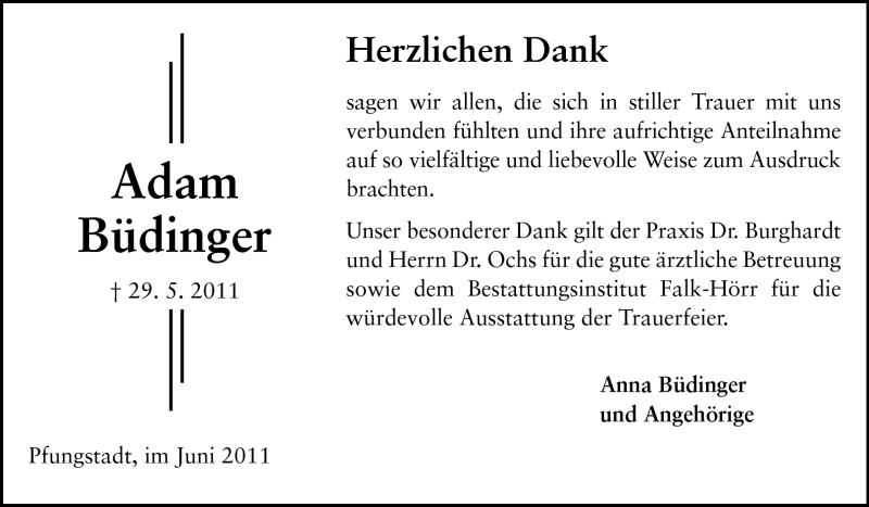  Traueranzeige für Adam Büdinger vom 25.06.2011 aus Echo-Zeitungen (Gesamtausgabe)