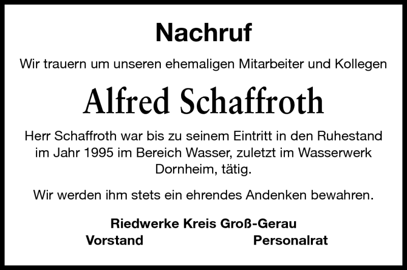  Traueranzeige für Alfred Schaffroth vom 22.06.2011 aus Rüsselsheimer Echo, Groß-Gerauer-Echo, Ried Echo