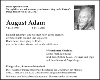 Traueranzeige von August Adam von Rüsselsheimer Echo, Groß-Gerauer-Echo, Ried Echo