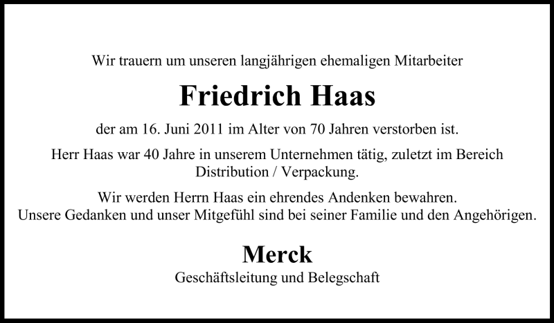  Traueranzeige für Friedrich Haas vom 22.06.2011 aus Echo-Zeitungen (Gesamtausgabe)