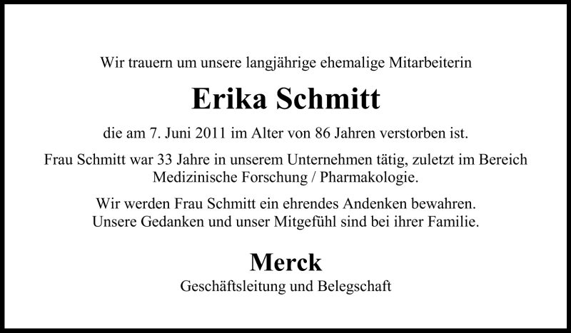  Traueranzeige für Erika Schmitt vom 25.06.2011 aus Echo-Zeitungen (Gesamtausgabe)