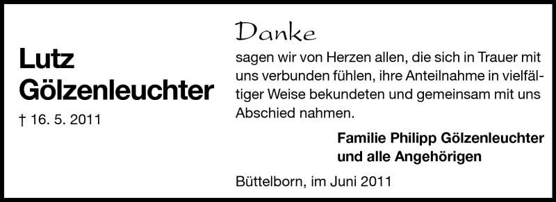  Traueranzeige für Lutz Gölzenleuchter vom 25.06.2011 aus Rüsselsheimer Echo, Groß-Gerauer-Echo, Ried Echo