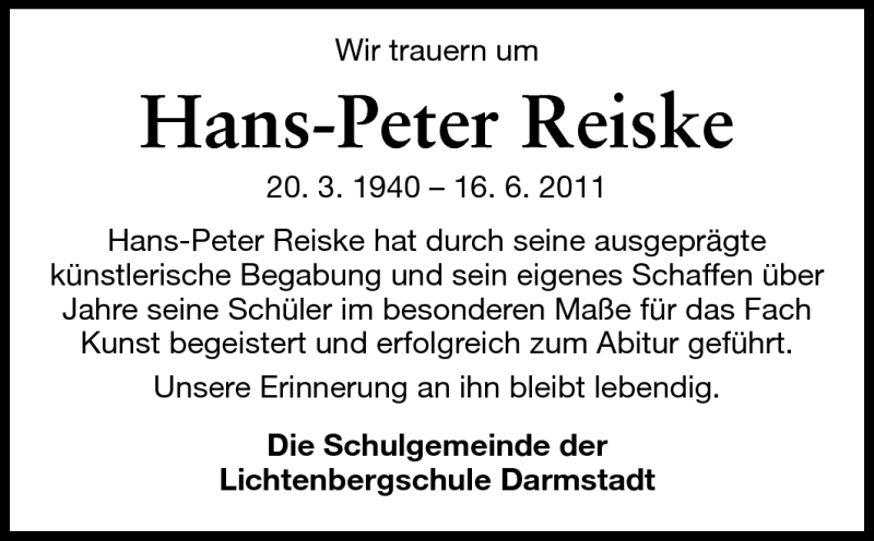  Traueranzeige für Hans-Peter Reiske vom 24.06.2011 aus Echo-Zeitungen (Gesamtausgabe)
