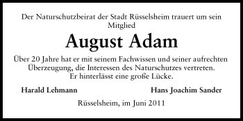 Traueranzeige von August Adam von Rüsselsheimer Echo, Groß-Gerauer-Echo, Ried Echo