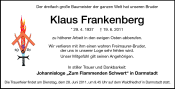 Traueranzeige von Klaus Frankenberg von Darmstädter Echo, Odenwälder Echo, Rüsselsheimer Echo, Groß-Gerauer-Echo, Ried Echo