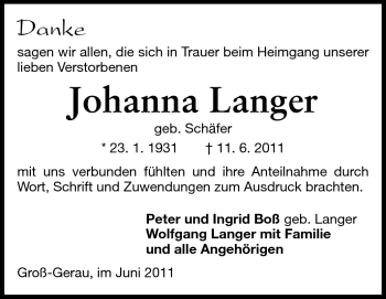 Traueranzeige von Johanna Langer von Rüsselsheimer Echo, Groß-Gerauer-Echo, Ried Echo