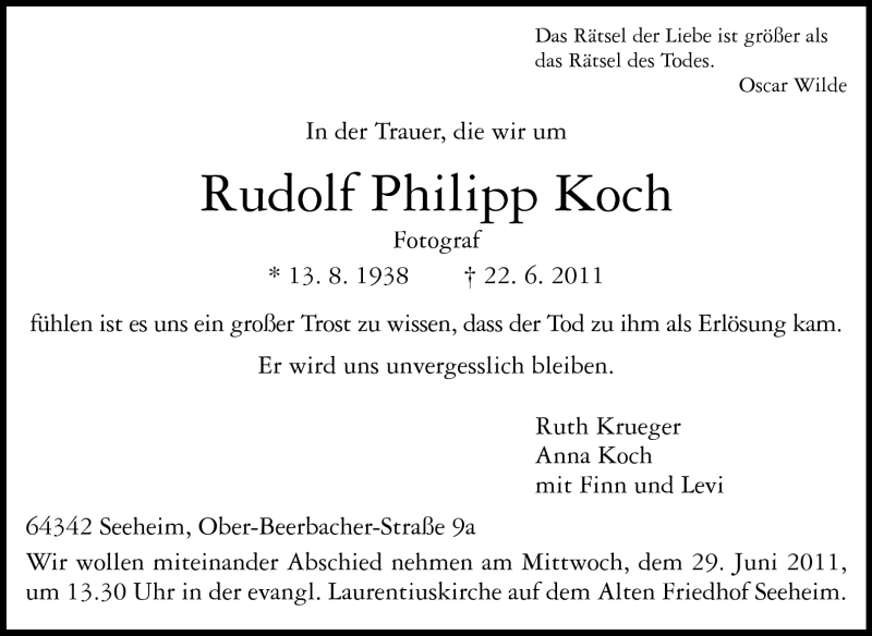  Traueranzeige für Rudlof Philipp Koch vom 25.06.2011 aus Darmstädter Echo, Odenwälder Echo, Rüsselsheimer Echo, Groß-Gerauer-Echo, Ried Echo