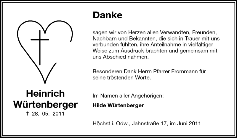  Traueranzeige für Heinrich Würtenberger vom 25.06.2011 aus Odenwälder Echo