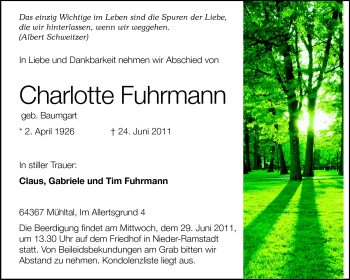 Traueranzeige von Charlotte Fuhrmann von Echo-Zeitungen (Gesamtausgabe)