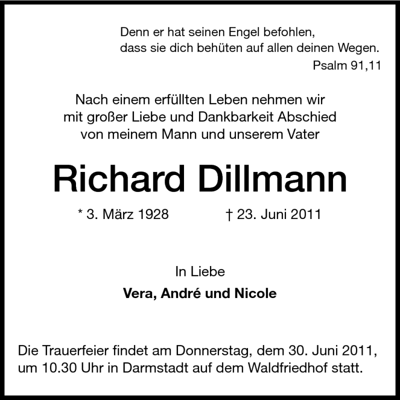  Traueranzeige für Richard Dillmann vom 27.06.2011 aus Darmstädter Echo, Odenwälder Echo, Rüsselsheimer Echo, Groß-Gerauer-Echo, Ried Echo