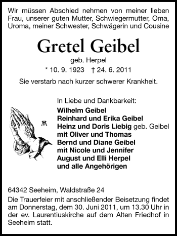 Traueranzeige von Gretel Geibel von Echo-Zeitungen (Gesamtausgabe)
