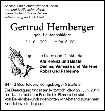 Traueranzeige von Gertrud Hemberger von Odenwälder Echo