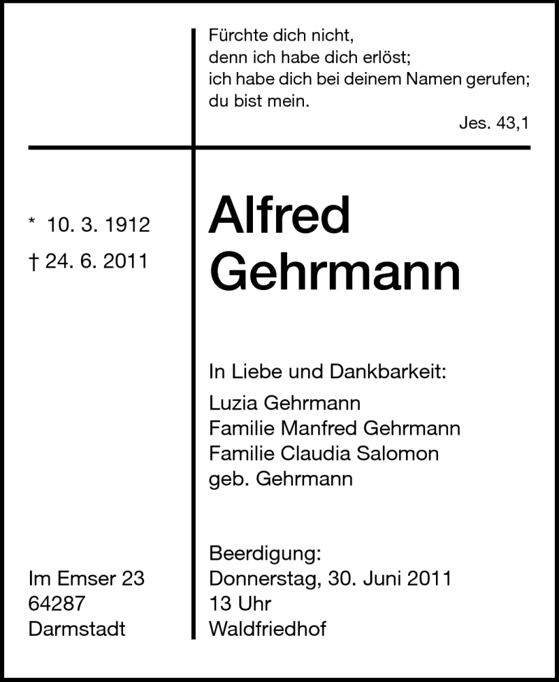  Traueranzeige für Alfred Gehrmann vom 28.06.2011 aus Echo-Zeitungen (Gesamtausgabe)