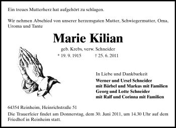 Traueranzeige von Marie Kilian von Darmstädter Echo, Odenwälder Echo, Rüsselsheimer Echo, Groß-Gerauer-Echo, Ried Echo
