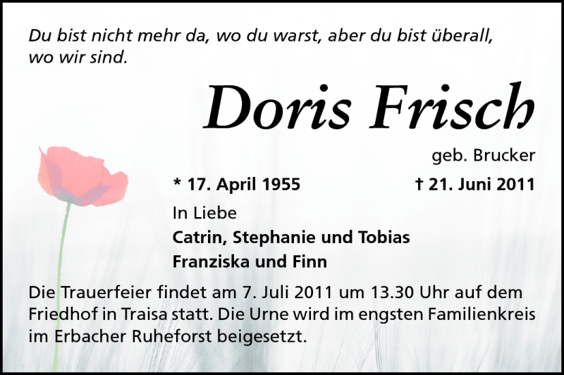 Traueranzeige für Doris Frisch vom 02.07.2011 aus Echo-Zeitungen (Gesamtausgabe)