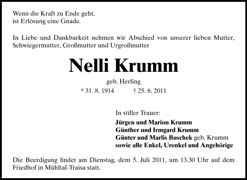  Traueranzeige für Nelli Krumm vom 28.06.2011 aus Darmstädter Echo, Odenwälder Echo, Rüsselsheimer Echo, Groß-Gerauer-Echo, Ried Echo