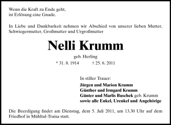 Traueranzeige von Nelli Krumm von Darmstädter Echo, Odenwälder Echo, Rüsselsheimer Echo, Groß-Gerauer-Echo, Ried Echo