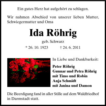 Traueranzeige von Ida Röhrig von Darmstädter Echo, Odenwälder Echo, Rüsselsheimer Echo, Groß-Gerauer-Echo, Ried Echo