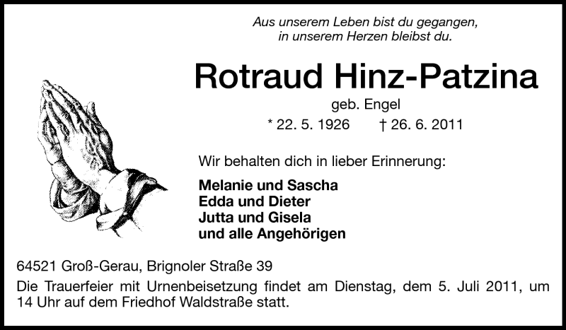  Traueranzeige für Rotraud Hinz-Patzina vom 02.07.2011 aus Rüsselsheimer Echo, Groß-Gerauer-Echo, Ried Echo
