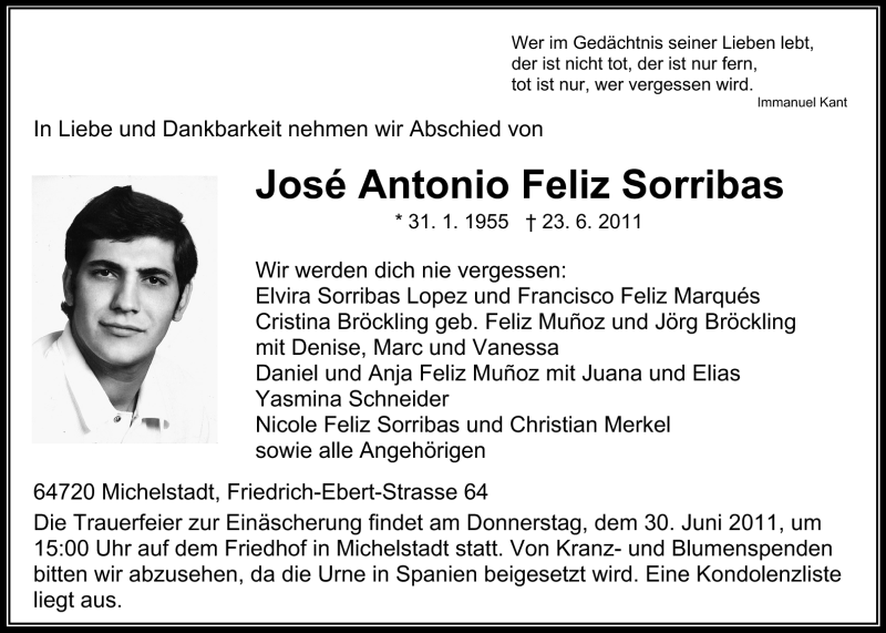  Traueranzeige für Jose Antonio Feliz Sorribas vom 28.06.2011 aus Odenwälder Echo