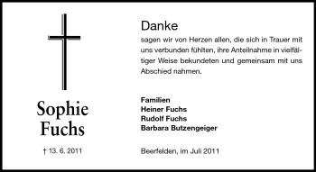 Traueranzeige von Sophie Fuchs  von Odenwälder Echo