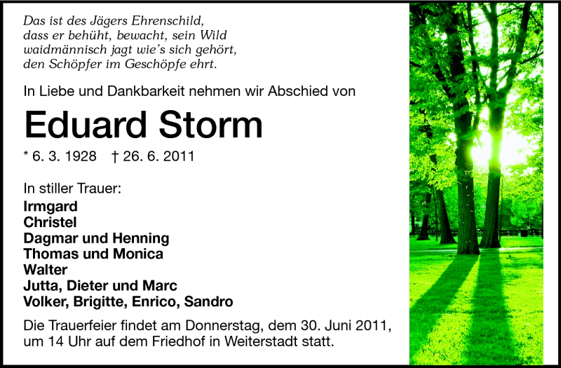  Traueranzeige für Eduard Storm vom 29.06.2011 aus Echo-Zeitungen (Gesamtausgabe)